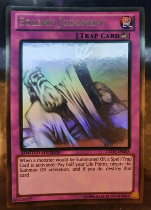 Yugioh Card - Solemn Judgment *Ghost Gold Rare* GLD5-EN045